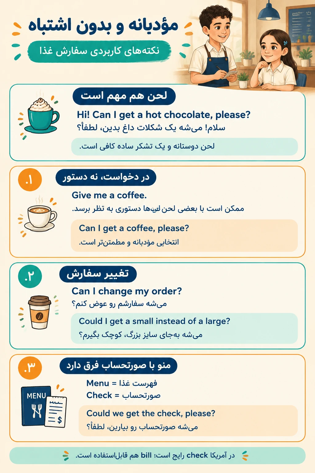 سفارش غذا به انگلیسی؛ ۵ عبارت کاربردی در کافه و رستوران